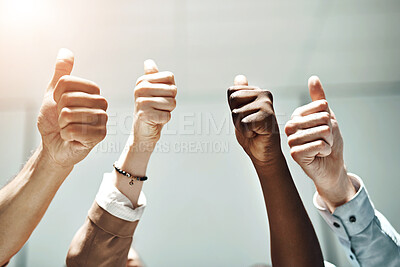 Buy stock photo Sky, hands and business people with thumbs up in office for team building, agreement and support. Employees, success and gesture with motivation for partnership, feedback and good review of company