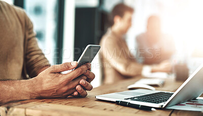 Buy stock photo Business, hands and man with cellphone, internet and financial advisor with online reading, digital news or connection. Closeup, person or trading with smartphone app or broker with network or typing