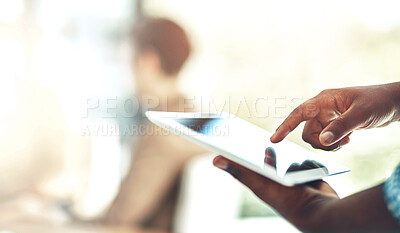 Buy stock photo Business, hands and man in office, tablet and financial advisor with stock market, online reading and connection. Closeup, person or trading with tech, digital app and accounting with investment news