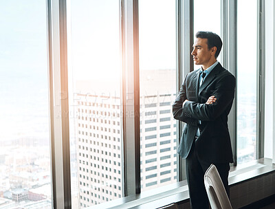 Buy stock photo Thinking, crossed arms and businessman in office by window for ideas, brainstorming or planning. Reflection, memory and professional male lawyer dreaming for future career by glass in workplace.