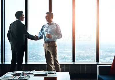 Buy stock photo Men, handshake and window in office for partnership, greeting and onboarding in modern workplace. Deal, support and business people in Seattle for collaboration, welcome and agreement for project