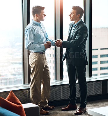 Buy stock photo Window, handshake and men in office for hiring, welcome and onboarding in modern workplace. Partnership, support and business people in Seattle for collaboration, deal and agreement for project