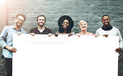 Buy stock photo Poster, portrait and group of people with mockup space for social media, announcement and marketing. Banner, happiness and community with diversity for advertising, billboard and promotion by wall