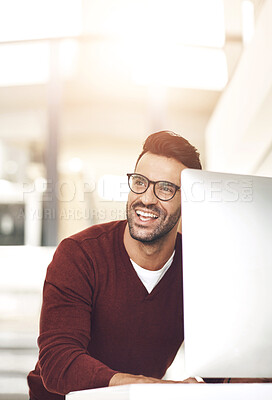 Buy stock photo Happy, working and computer with business man and smile from digital writing and seo work at creative agency. Idea, thinking and tech at startup with internet search, planning and professional