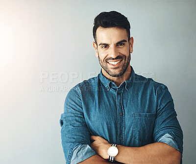 Buy stock photo Business man, portrait and arms crossed on white wall background with confidence and smile for startup career. Face of a graphic designer or Mexican worker happy with creative job and opportunity