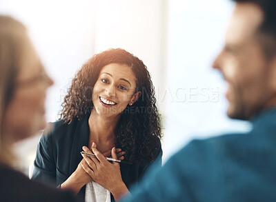Buy stock photo Happy therapist, counseling and consultation with couple for help, love and reconciliation. Psychologist, man and smile of woman for marriage therapy, support and conversation for advice in clinic