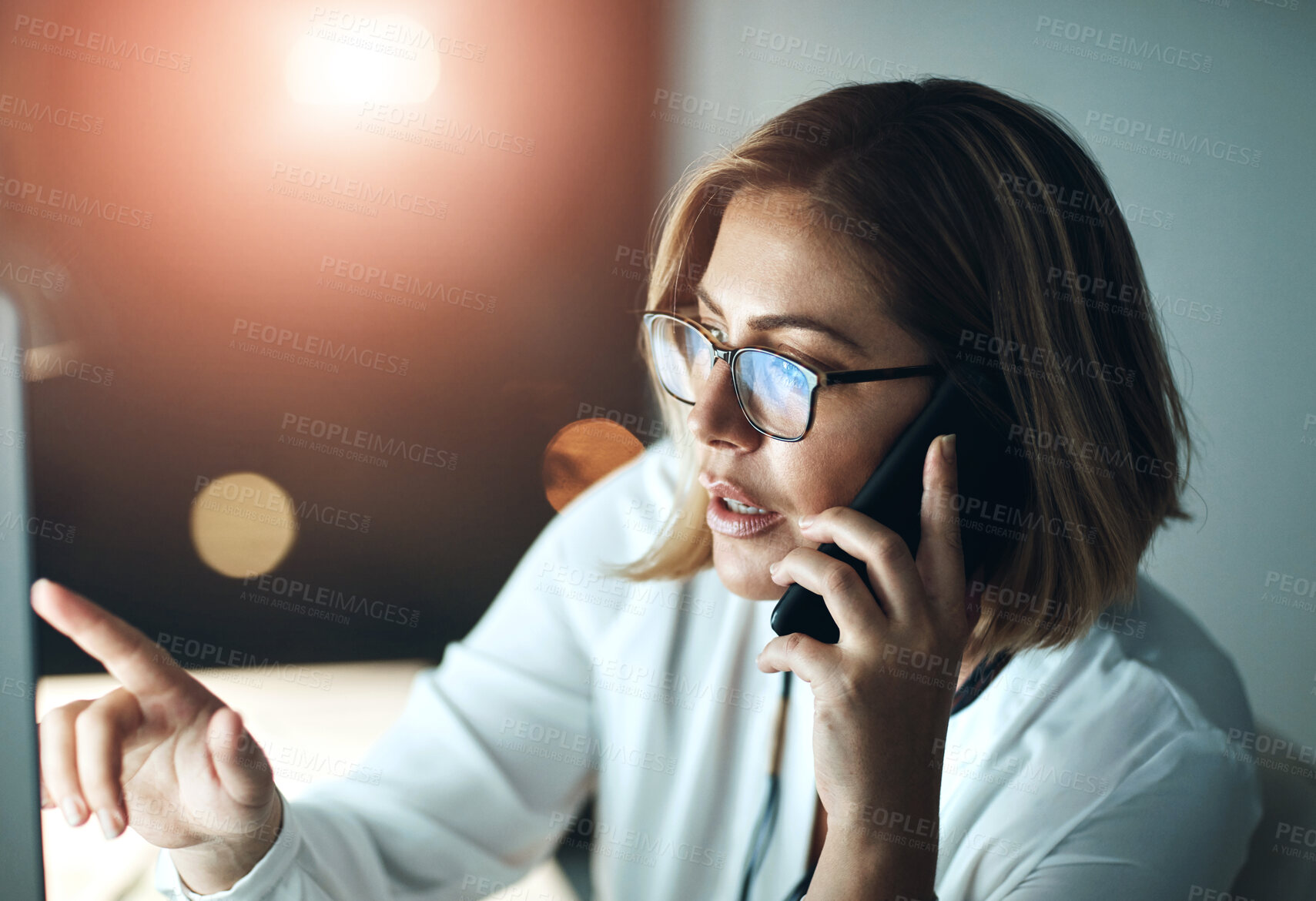 Buy stock photo Phone call, woman and night on computer for help, technical support or problem solving in office. Female lawyer, communication and smartphone at desk for explanation, assistance or talking in evening