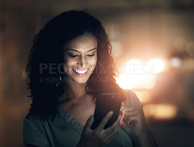 Buy stock photo Business, night and woman with smartphone, typing and internet with connection, social media and network. African person, employee or consultant with cellphone, evening and scrolling for text message