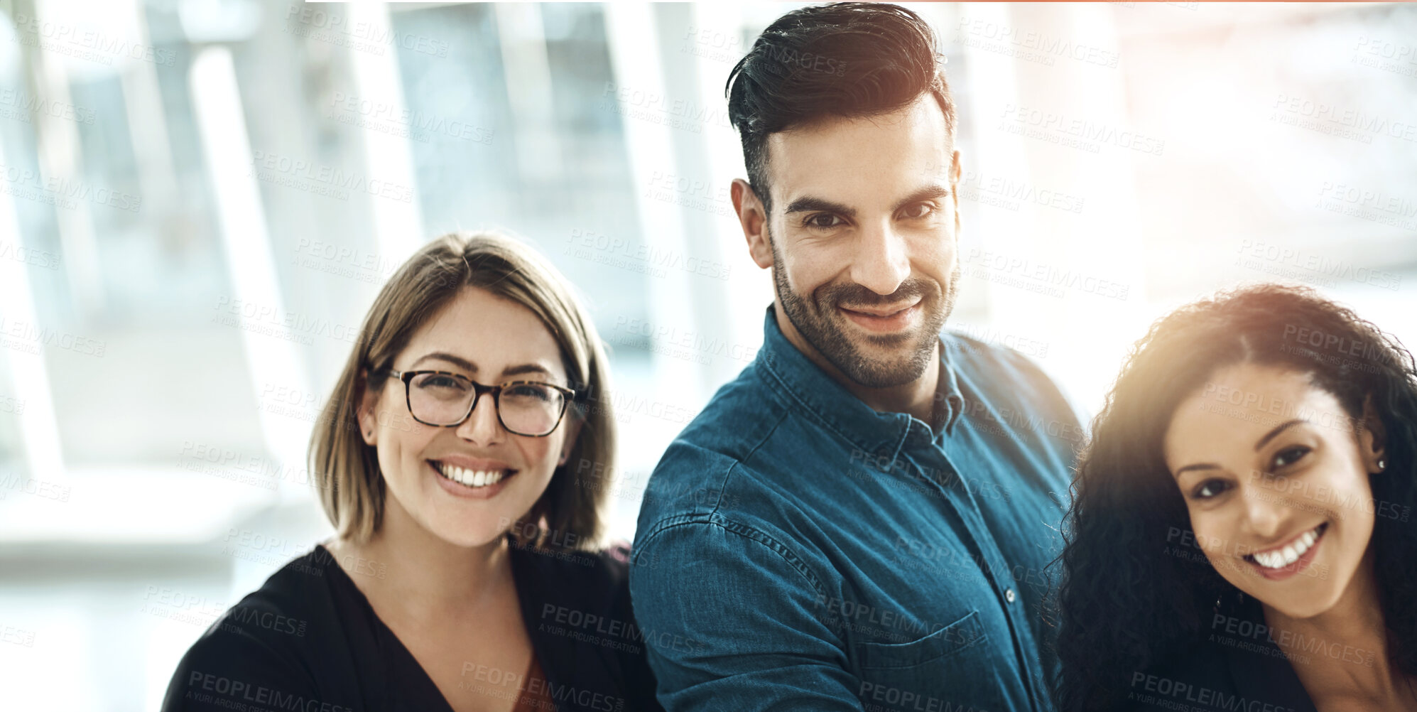 Buy stock photo Man, women and team with portrait at office in hallway with smile, diversity and connection at media company. Business people, startup and happy for career in workplace at creative agency in Madrid