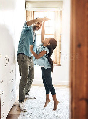 Buy stock photo Fun, high five or jump with father and daughter in bedroom of home together for development or growth. Energy, love or smile with winner girl child and excited man single parent in house for success