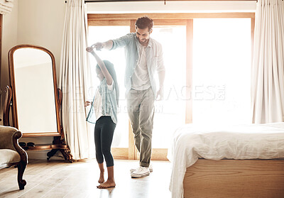 Buy stock photo Dancing, daughter and dad in bedroom for love, fathers day and movement at home. Parent, young girl and together in family house for energy, entertainment and celebration in apartment for fun