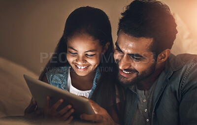 Buy stock photo Bedroom, night and father with girl, tablet and typing with connection, streaming film and smile. Evening, home and family with dad, daughter and kid with tech, digital app for game and cartoon movie