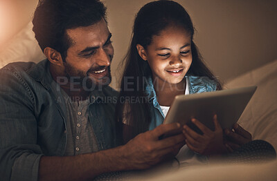 Buy stock photo Home, night and father with girl, tablet and typing with connection, streaming movie and online reading. Evening, house and family with dad, daughter and kid with tech, digital app for game and relax