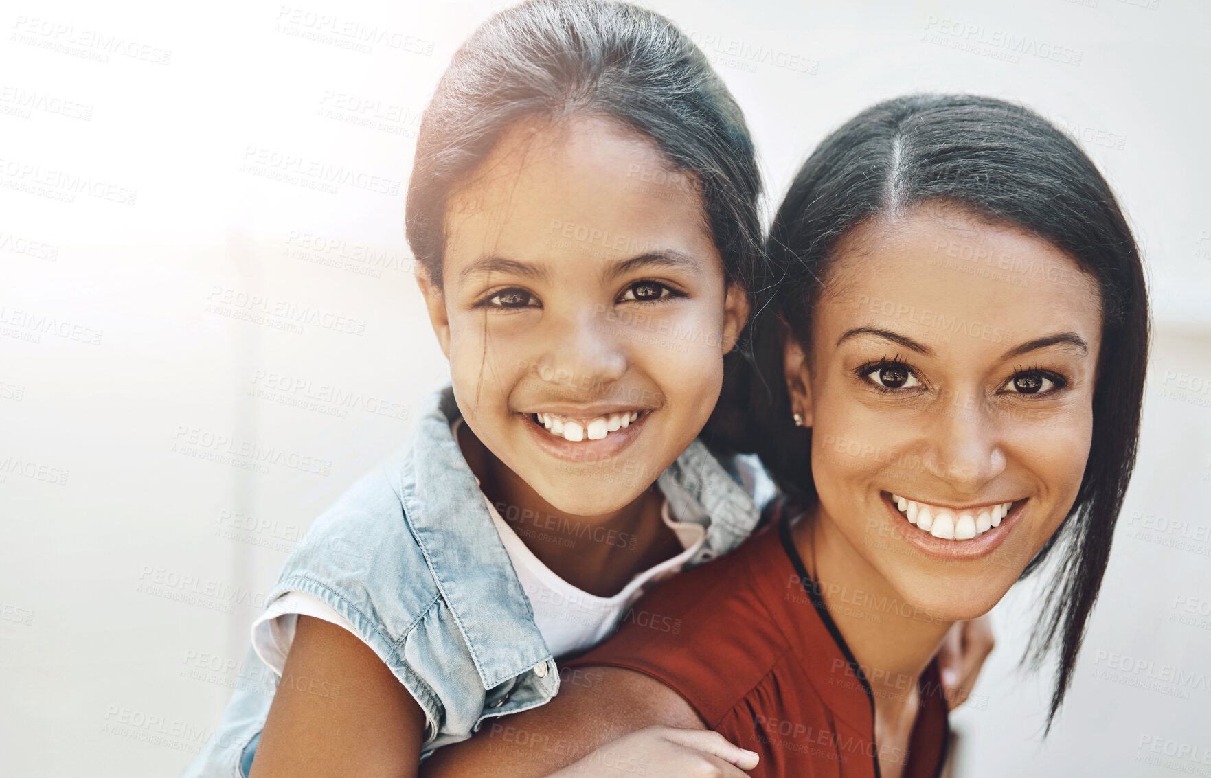 Buy stock photo Portrait, woman and child as family with piggyback, love or support in bonding, together and relationship. Mom, kid and happy in outdoor on weekend, break or holiday for development, growth or care