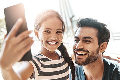 Buy stock photo Dad, selfie and girl as family with happy, love or support in bonding, together for memory. Man, child and expression in outdoor on weekend, break or holiday for photography, picture or social media