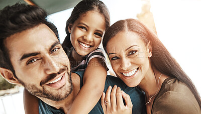 Buy stock photo Happy, piggyback and portrait of child with parents for fathers day celebration at family home. Smile, fun and young girl kid hugging, playing and bonding together with mom and dad with love and care