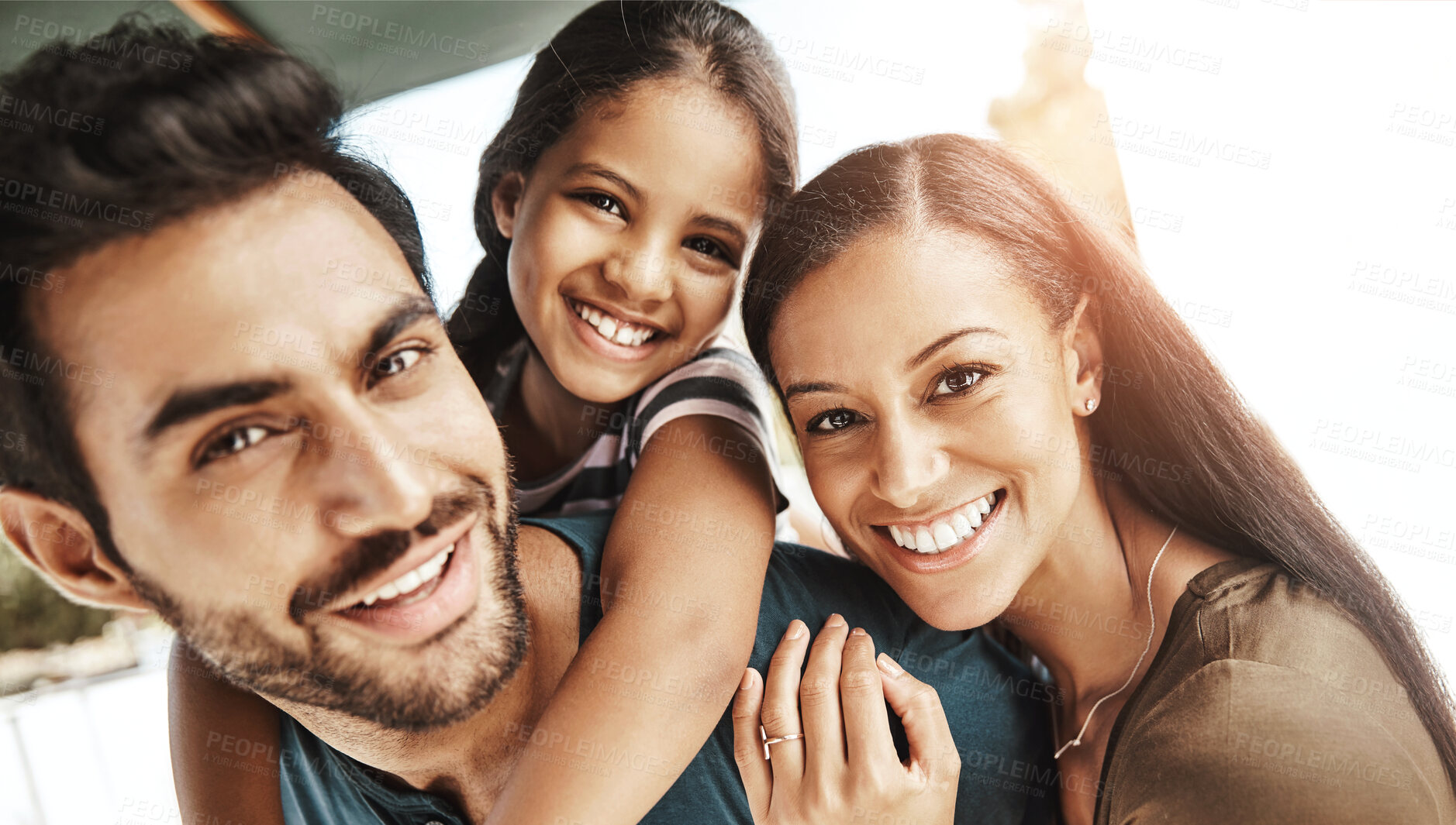 Buy stock photo Happy, piggyback and portrait of child with parents for fathers day celebration at family home. Smile, fun and young girl kid hugging, playing and bonding together with mom and dad with love and care