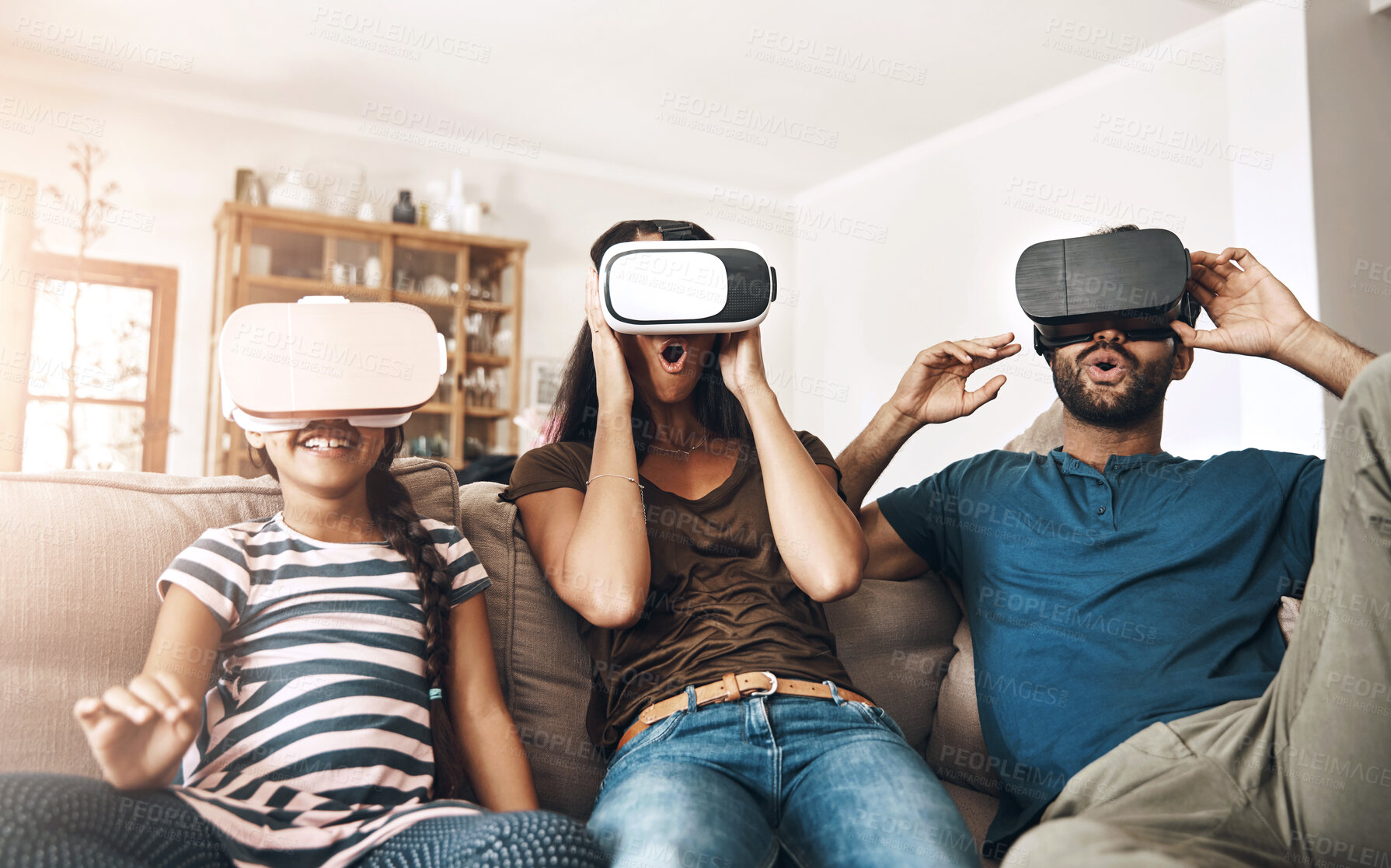 Buy stock photo Headset, virtual reality and wow with family on sofa in living room of home together for watching tv. Entertainment, movie or streaming with mother, father and daughter in apartment for VR surprise