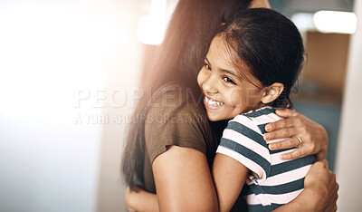 Buy stock photo Smile, love and mother hug child for family bonding, care and connection in home together. Mom, girl and embrace happy kid in house for support, trust or healthy relationship of parent in living room