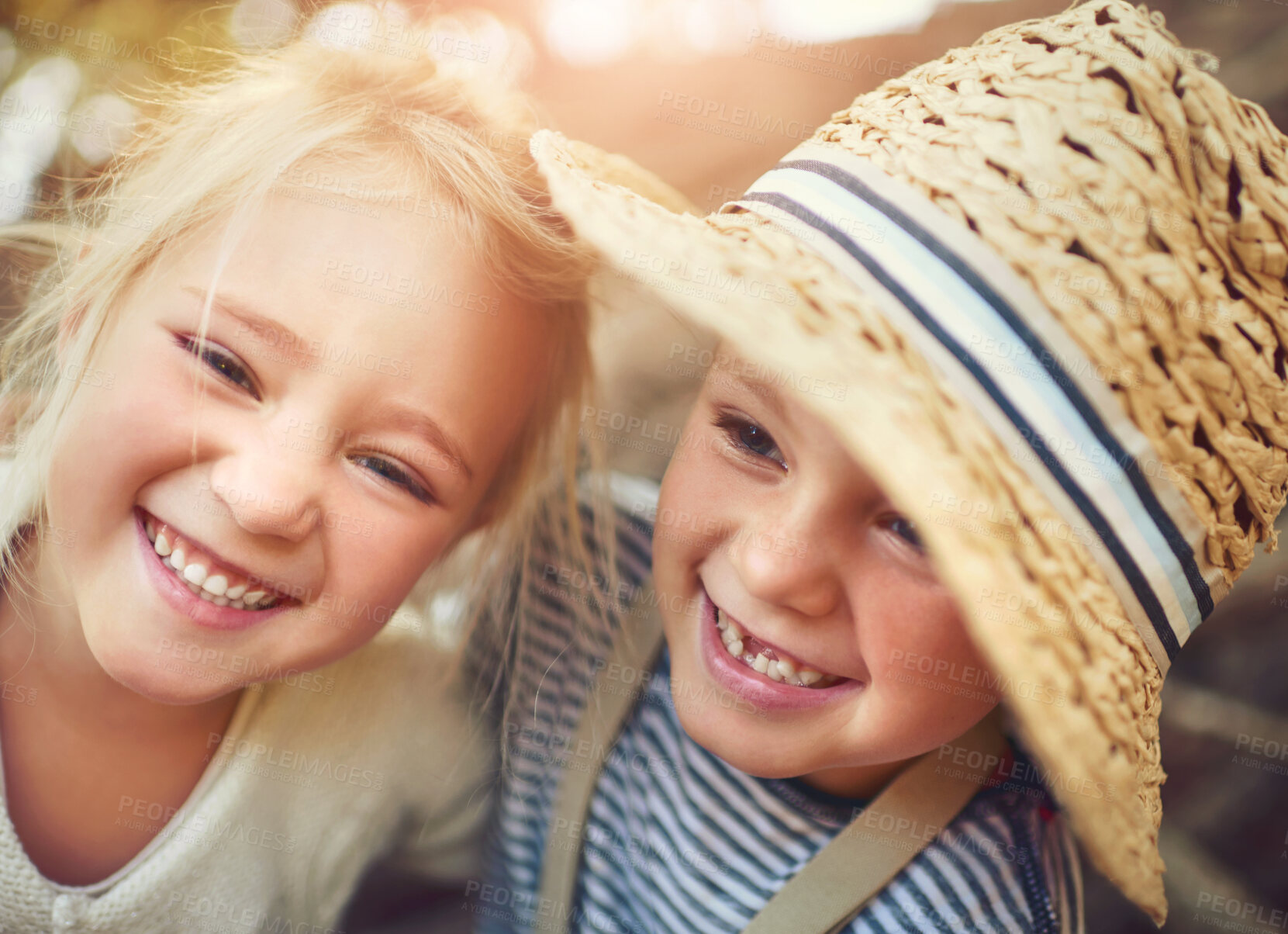 Buy stock photo Friends, boy and girl with smile, outdoor and children in countryside, support and happy in vacation. Bonding, siblings and kids in summer, face and youth with love, hug and together in holiday