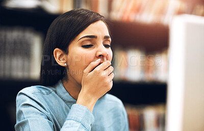 Buy stock photo Tired, student and woman in library, yawning and exhausted with deadline, overworked and burnout. Education, university and girl with fatigue, stress and studying for exams, sleepy and research