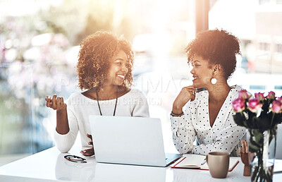 Buy stock photo Laptop, smile and conversation of women, office and notebook for project, online and collaboration. Friends, copywriting and happy for notes, creative and teamwork in agency, talking and planning