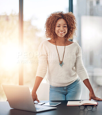 Buy stock photo Woman, creative and happy in office with portrait, technology and confident for career in story development. Person, journalist and entrepreneur of media company, publishing and content creation.