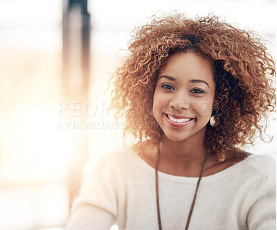 Buy stock photo Business, black woman and portrait in office with smile, startup person with career in Africa. Female entrepreneur, workplace and happiness for web design in agency, pride or lens flare in Kenya