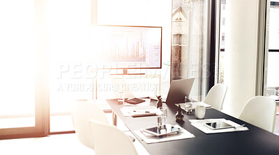 Buy stock photo Empty office, tv and conference room table for meeting with tablet, laptop or paperwork. Interior design, boardroom chairs and screen tech with information, statistics or data analysis on lens flare