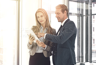 Buy stock photo Business people, partnership and tablet with discussion in office for briefing on b2b collaboration or project management. Teamwork, digital tech or meeting on company growth and review on kpi goals