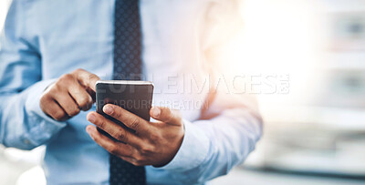 Buy stock photo Business, hands and man with cellphone, typing and connection with lens flare, social media and startup. Closeup, employee and accountant with smartphone, stock market and trading with digital app