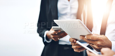 Buy stock photo Business people, hands and technology with tablet, typing and internet with cooperation, trading and stock market. Teamwork, group and employees with cellphone, professional and accounting company