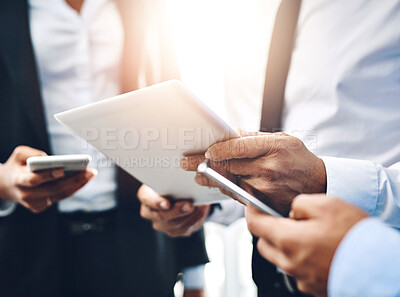 Buy stock photo Hands, business and group with tablet or phone in office, research and information for brainstorming project ideas. Corporate, people and technology, planning and feedback on finance report growth