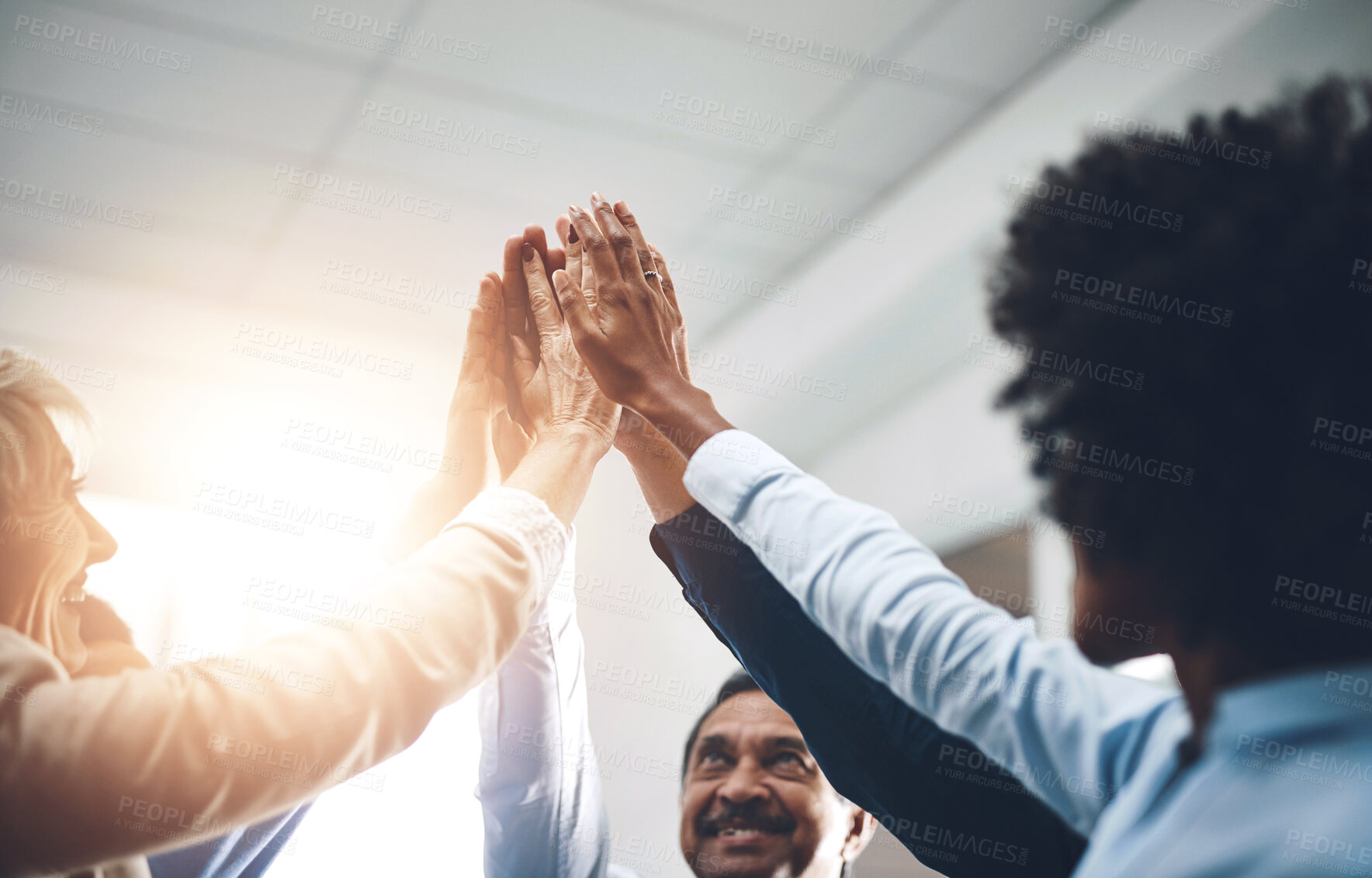 Buy stock photo Business people, high five or hands together for success, target or meeting for corporate support. Mission, group and partnership collaboration for teamwork, goals or staff synergy for motivation