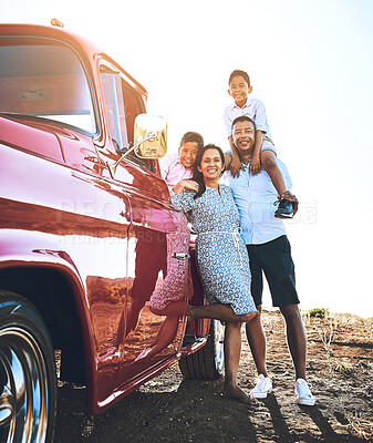 Buy stock photo Family, smile and parents with children for road trip, adventure and explore on holiday, weekend or vacation. Travel, vintage pickup truck and mother, father and kids for journey and bonding together