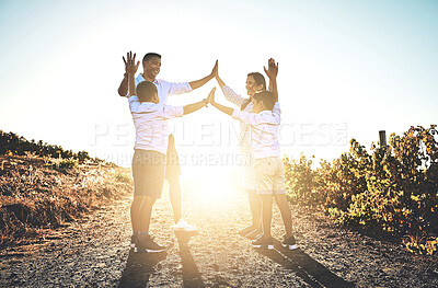 Buy stock photo Family, people and high five on vacation, holiday or travel in Tuscany for bonding, memory and support. Woman, man and children in outdoor for celebration, growth and development with flare in Italy