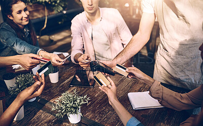 Buy stock photo Hands, credit card and friends at cafe for payment, online transaction or pos machine. Waiter, people or debit at restaurant service with group together for finance, banking or share bill in top view