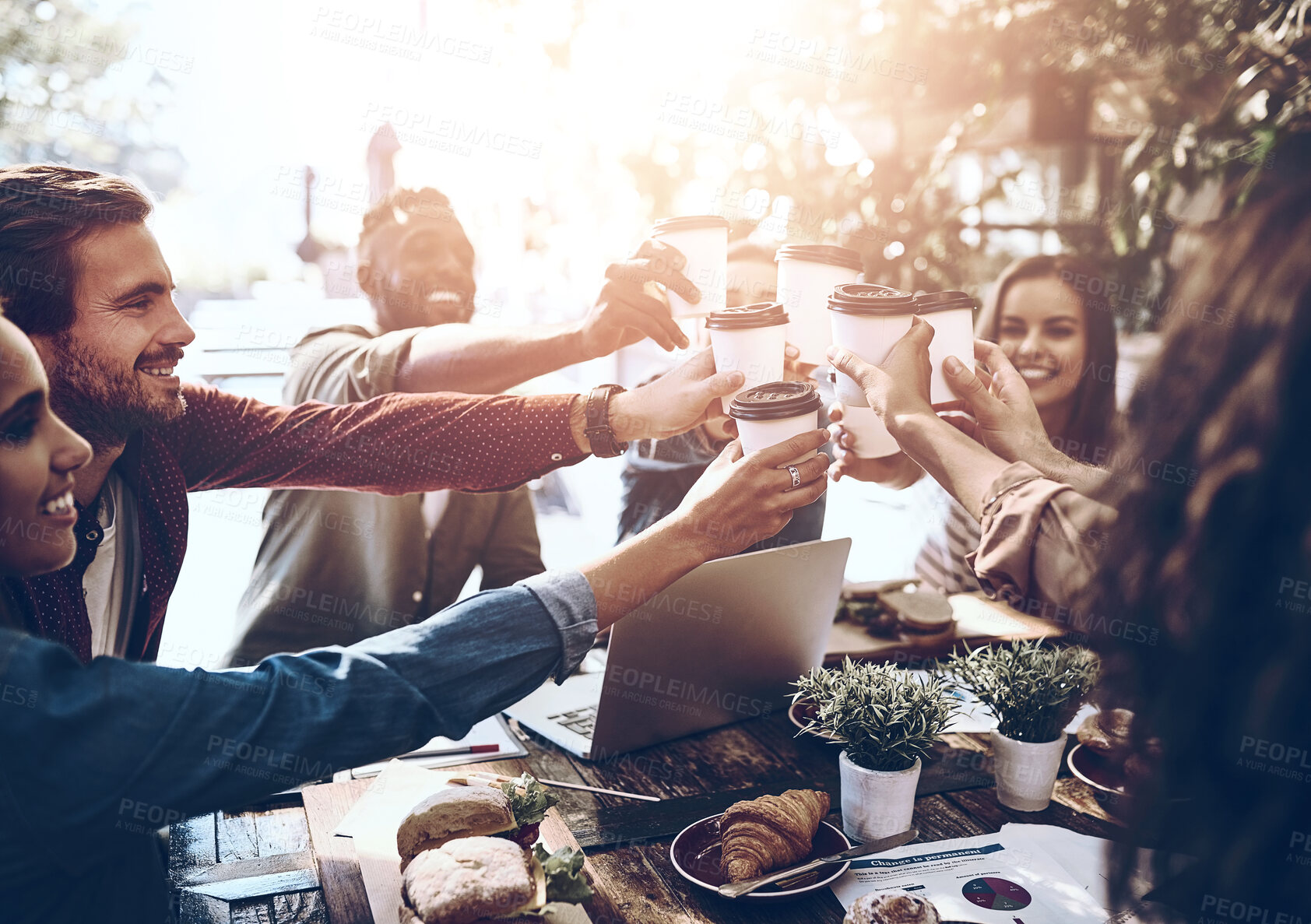 Buy stock photo Business people, coffee and cheers at meeting in cafe for celebration, company success or team building. Collaboration, creative employees and work social with food, happy and toast to client reunion