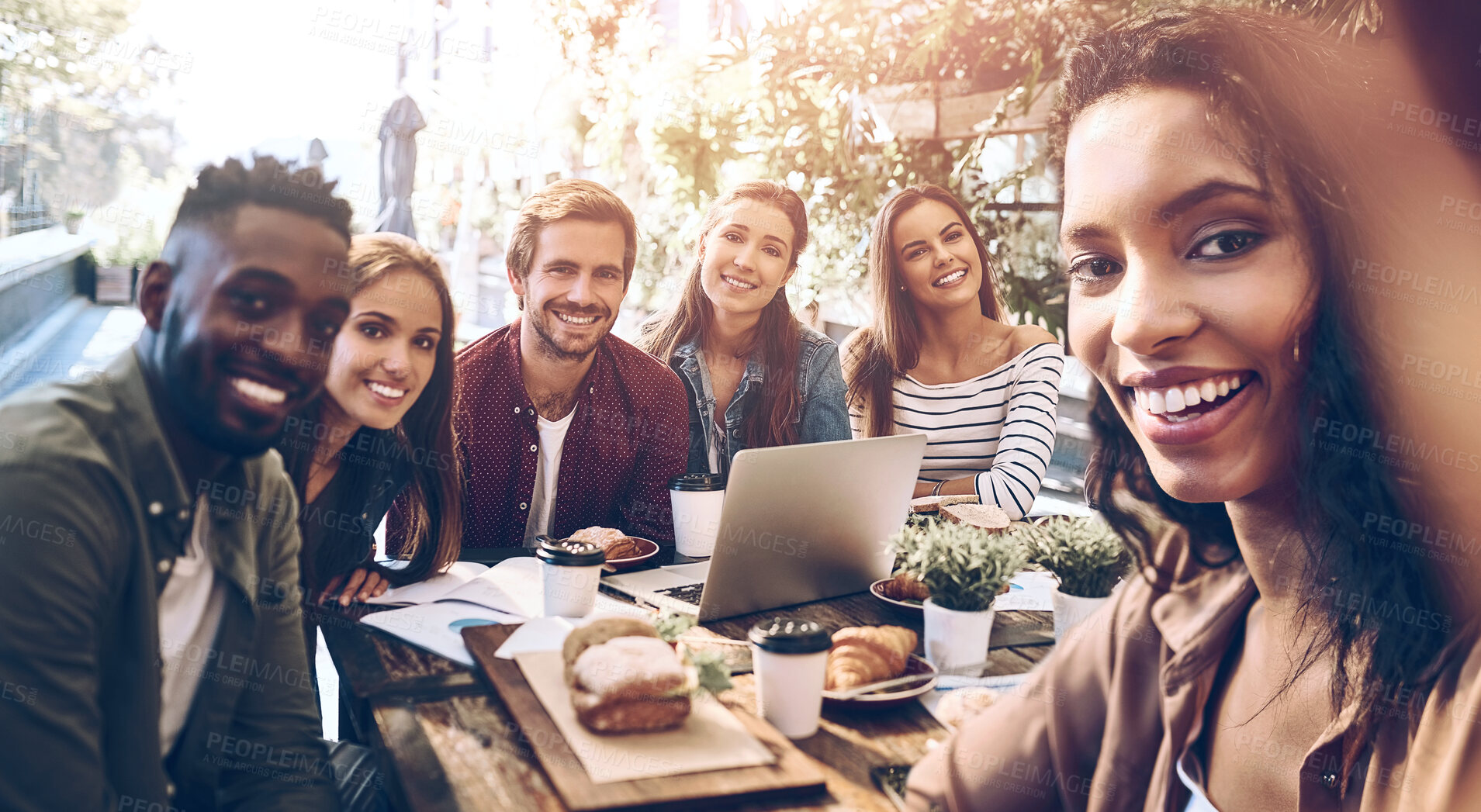 Buy stock photo Selfie, creative and business people in cafe with smile, meeting and excited for startup. Team, lunch and photography at restaurant for about us, post and collaboration with portrait at table