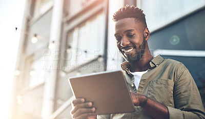 Buy stock photo Smile, black man and tablet for internet in outdoor cafe with social media update and ebook app for reading. African male person, tech and online research with website for restaurant recommendations