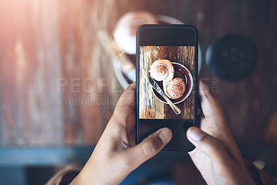 Buy stock photo Food, smartphone and hands at coffee shop for photography, social media or status update from above. Person, influencer and breakfast at restaurant for blog, post or online review for followers