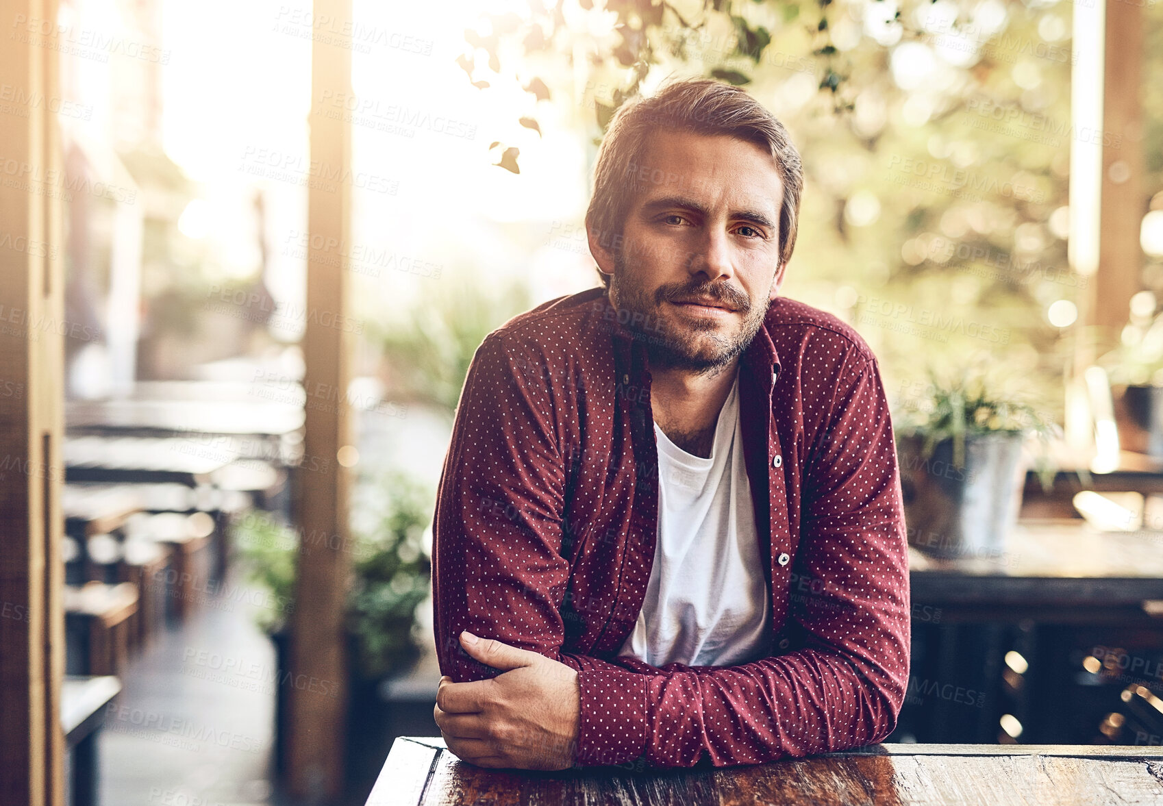 Buy stock photo Relax, portrait and man customer in cafe for order, service and assistance by counter. Small business, restaurant and male person as consumer and regular client with outdoor, hospitality or calm