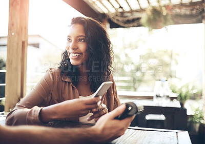 Buy stock photo Woman, smartphone and pos terminal in coffee shop for paying by customer for waitress service. Finance, bill and nfc with person paperless payment using wireless technology in cafe or restaurant