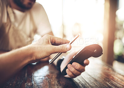 Buy stock photo Hands, smartphone and pos terminal in cafe for paying by customer for waitress service. Finance, bill and nfc with person paperless payment using wireless technology in coffee shop or restaurant