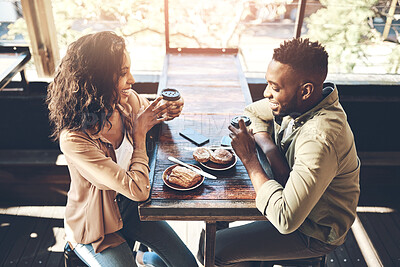 Buy stock photo Happy, date and couple with food at restaurant for conversation, nutrition and bonding together. Man, woman and smile in love with coffee at cafe for breakfast, beverage and romance in morning