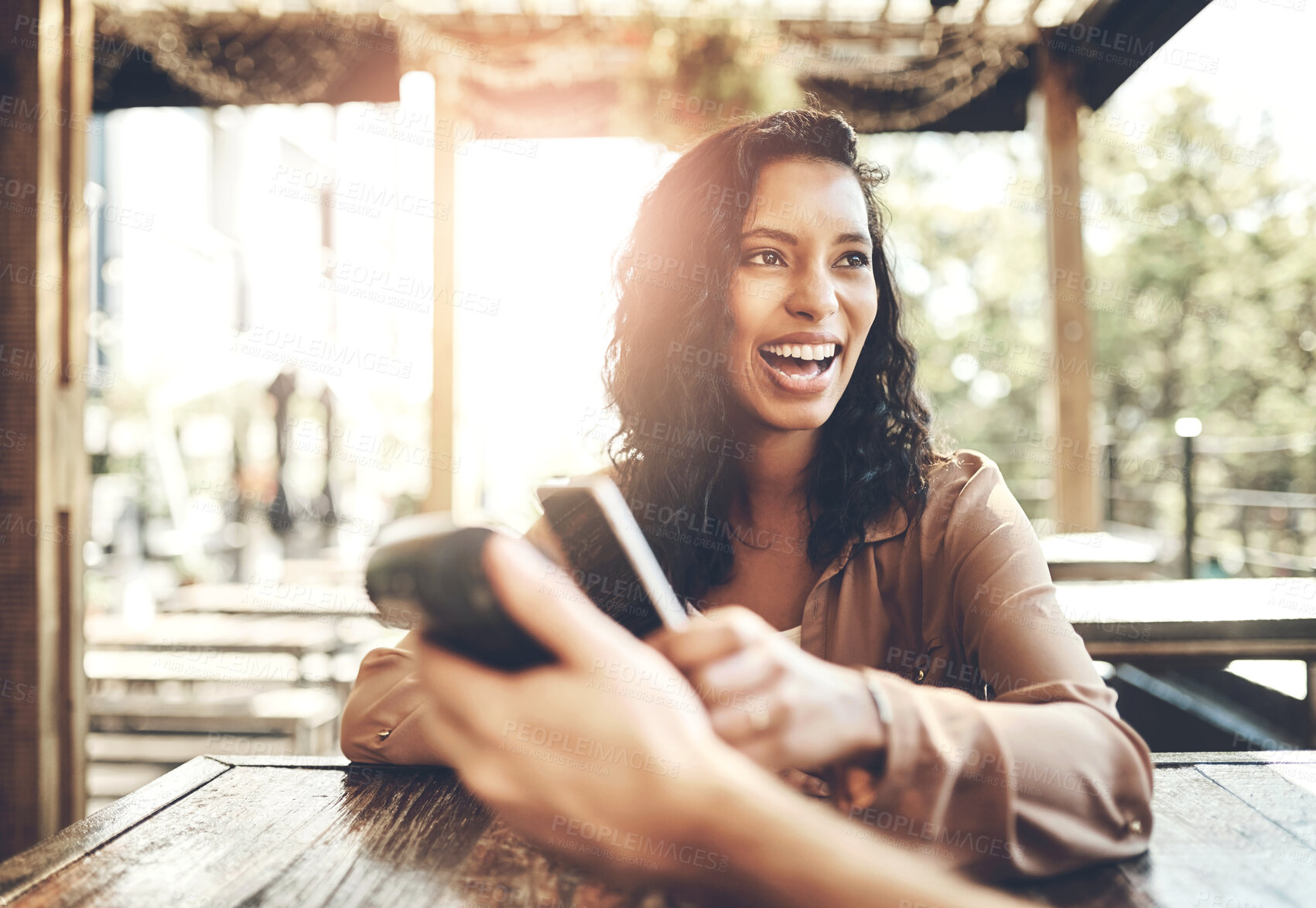 Buy stock photo Woman, smartphone and pos terminal in coffee shop for payment by customer for waitress service. Finance, bill and nfc with person paying paperless using wireless technology in  cafe or restaurant