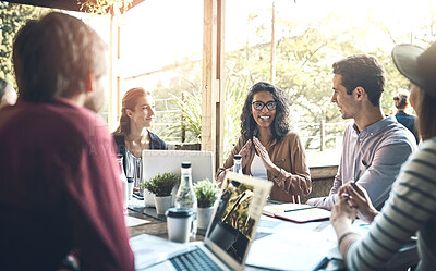 Buy stock photo Business people, teamwork or discussion in meeting at cafe with technology, paperwork or remote work. Collaboration, data analysis or happy for brainstorming ideas with strategy, planning or solution