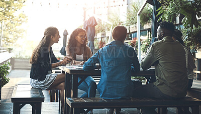 Buy stock photo Restaurant, team building and business people with conversation for meeting, workshop and collaboration. Creative, employees and discussion in cafe by table for company review, idea and project plan