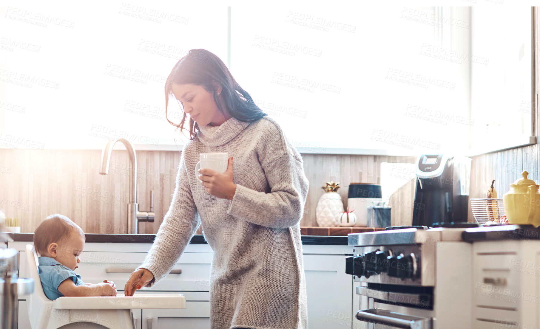 Buy stock photo Mother, baby and feeding chair in kitchen in home, parenting and childhood development or growth in morning apartment. Infant, food and nutrition preparation with people together, caring and love