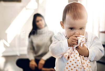 Buy stock photo Baby, girl and playing with cloth in home with learning, growth and support from mother in living room. Toddler, kid and walking in lounge with clothes, fabric or blanket for comfort or parent